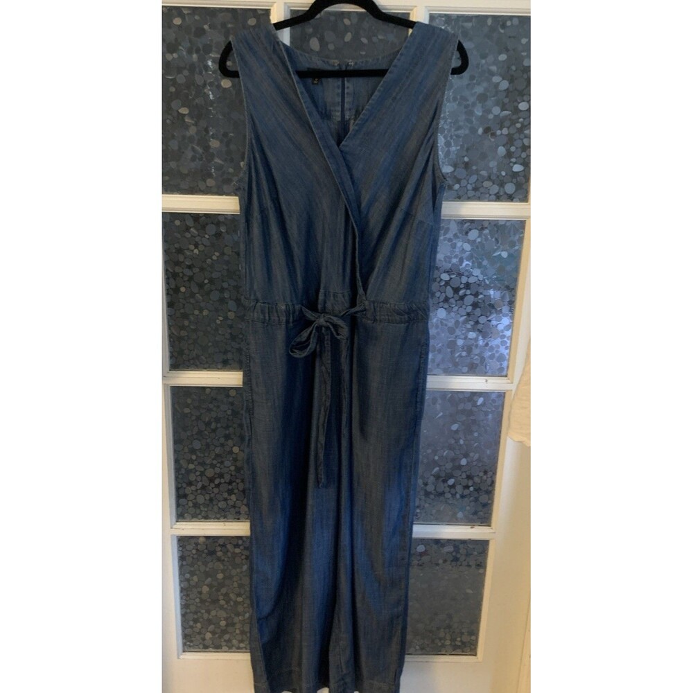 Talbots Jumpsuit Chambray Tencel Tie Front Wide Leg Sz 12 Sleeveless Summer